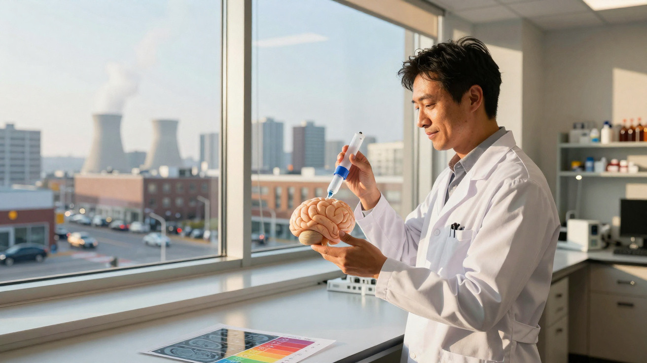 Forscher im Labor untersucht mit Pipette ein menschliches Gehirnmodell vor Industriekulisse.