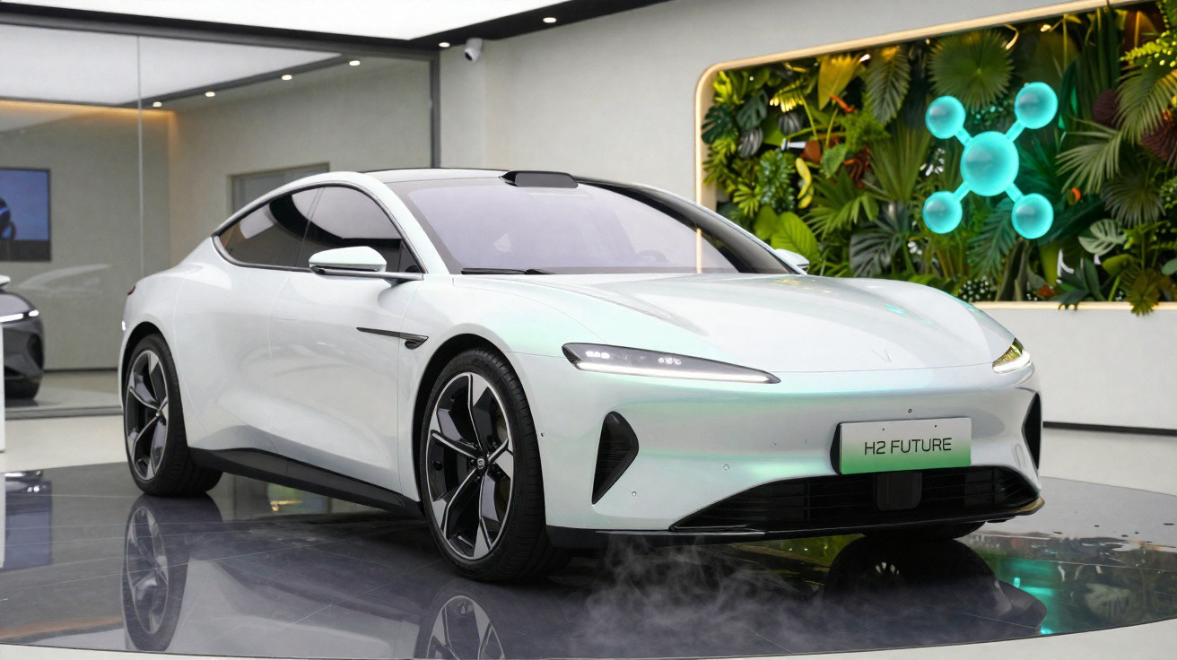 Weißes futuristisches Elektroauto H2 Future in modernem Ausstellungsraum mit Pflanzenwand und Neon-Dekor.