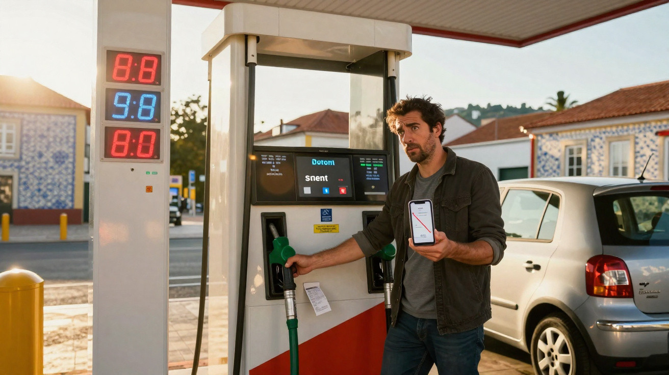 Mann an Zapfsäule an Tankstelle hält Smartphone mit fallendem Benzinpreis in der Hand.