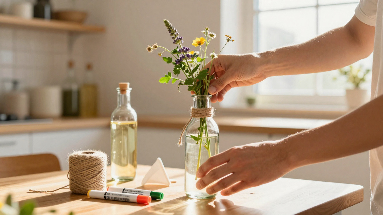 Person ordnet frische Wildblumen in eine Glasvase auf einem hellen Holztisch in der Küche.