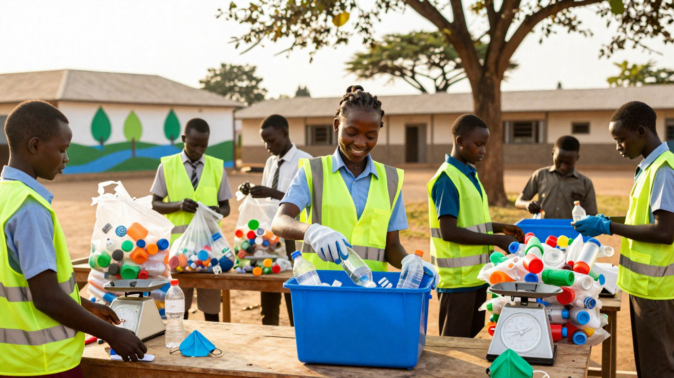 Schüler in Warnwesten sortieren Plastikflaschen und Deckel bei einer Recycling-Aktion im Freien.