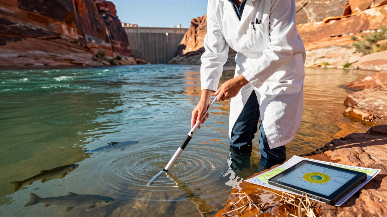 Wissenschaftler im weißen Kittel entnimmt Wasserprobe aus Fluss nahe Staudamm, Fische sichtbar im Wasser.