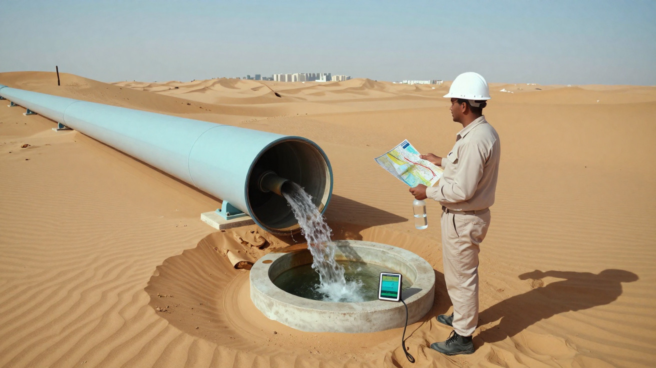 Ingenieur mit Helm überprüft Wasserfluss aus großer Rohrleitung in Wüstenlandschaft mit Stadt im Hintergrund.