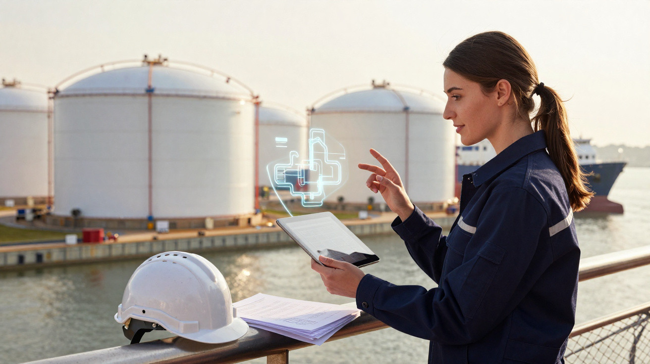 Frau in Schutzkleidung nutzt Tablet mit holografischer Industrieanzeige vor Öltanks am Hafen.