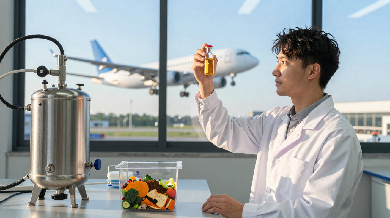 Wissenschaftler im Labor untersucht Flüssigkeit in Flasche, im Hintergrund setzt Flugzeug zum Landeanflug an.