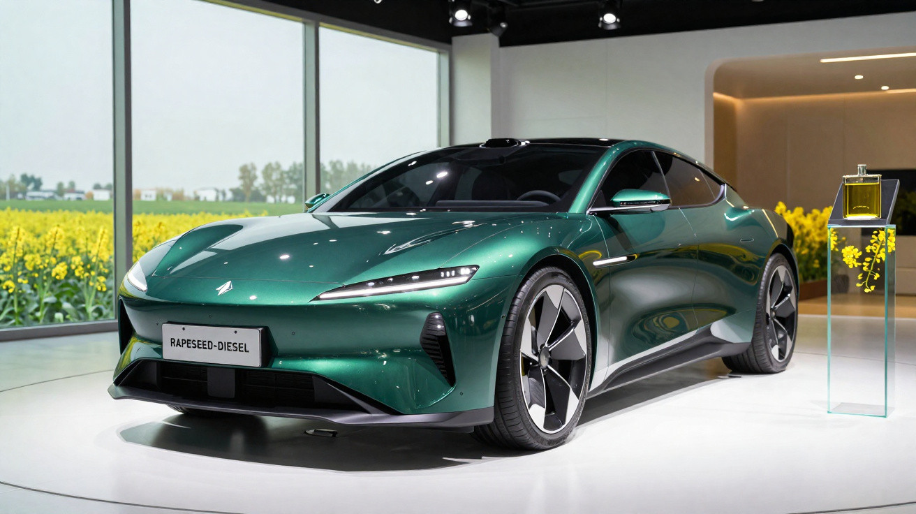 Grünes Sportcoupé mit "RAPESEED-DIESEL"-Kennzeichen in modernem Ausstellungsraum neben gelben Blumen.