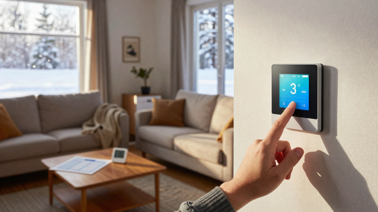 Hand stellt Temperatur an modernem digitalen Thermostat in gemütlichem Wohnzimmer ein.