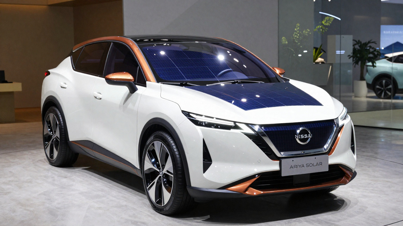 Weißes Nissan Ariya Solar Elektroauto mit Solarpanelen auf Motorhaube und Dach in Ausstellung.
