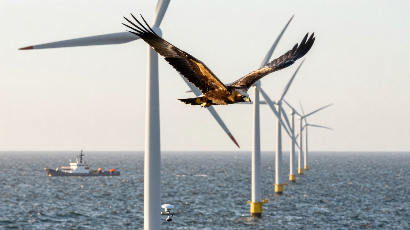 Seeadler fliegt vor Offshore-Windrädern über dem Meer mit einem Forschungsschiff im Hintergrund.