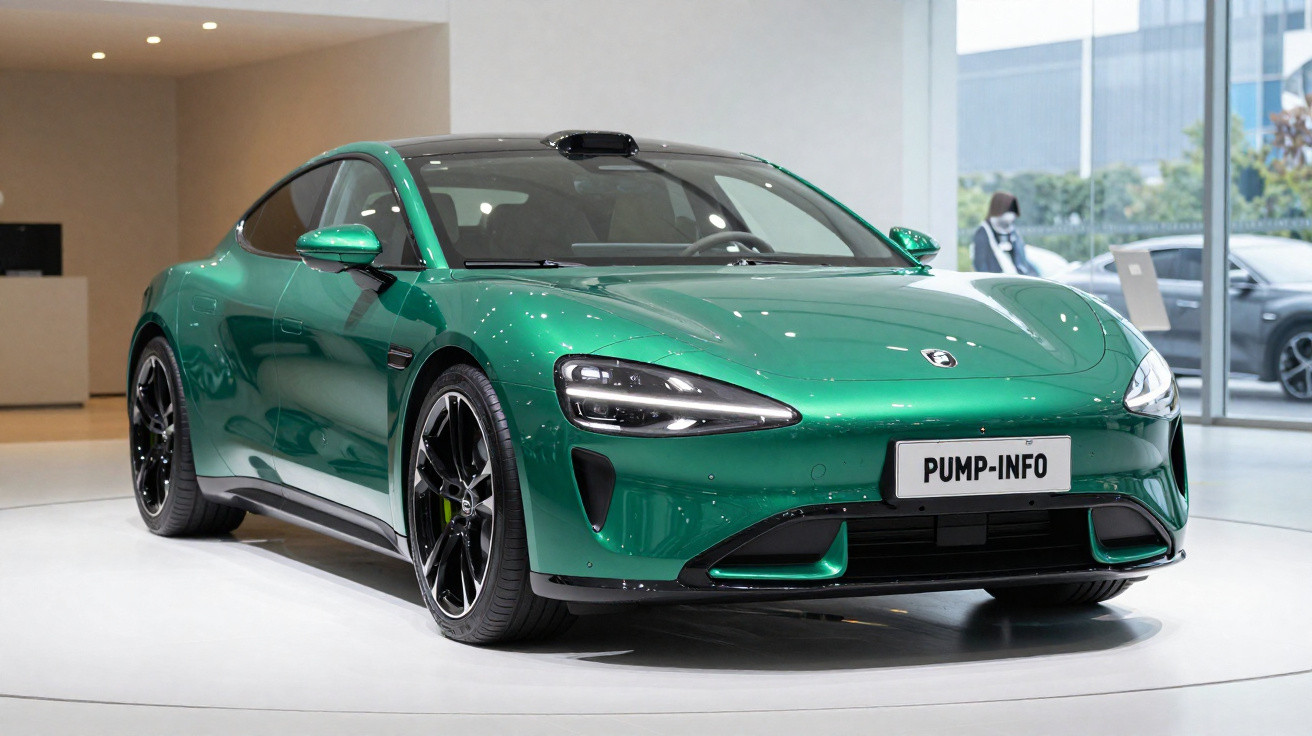 Grüner Sportwagen in moderner Ausstellung mit großem Panoramadach und schwarzen Felgen auf weißem Boden.