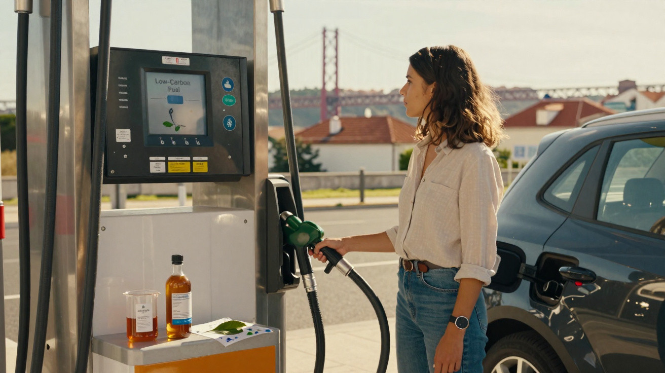 Frau betankt Auto an einer Zapfsäule mit Niedrig-Kohlenstoff-Kraftstoff an einer Tankstelle.
