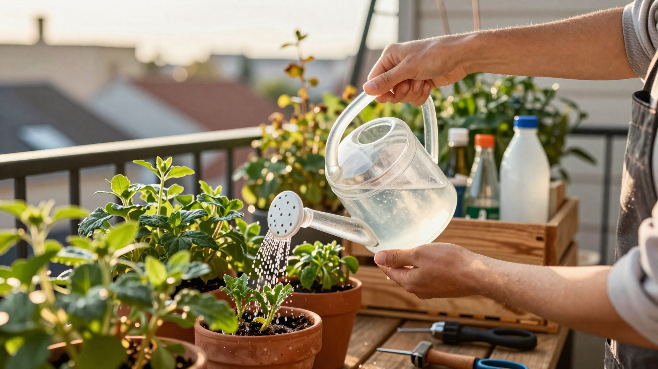 Person gießt Kräuter auf dem Balkon mit einer transparenten Gießkanne bei Sonnenuntergang.