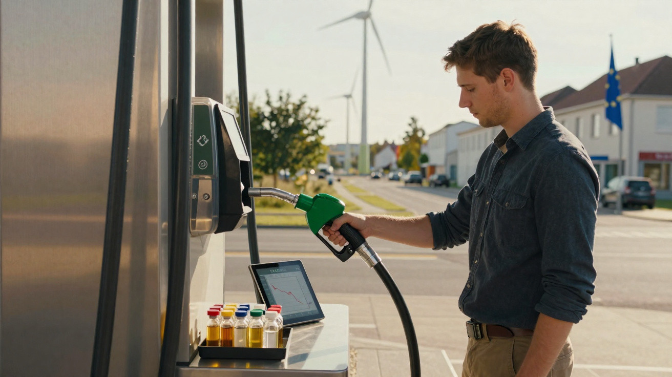 Mann betankt Auto an Tankstelle, im Hintergrund Windräder und Ortschaft bei Tageslicht.