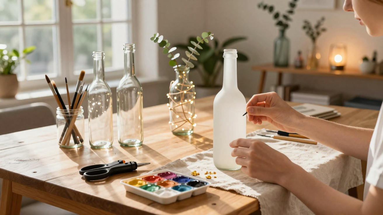 Person bemalt eine Glasflasche mit Pinseln und Wasserfarben auf einem Holztisch bei Tageslicht.