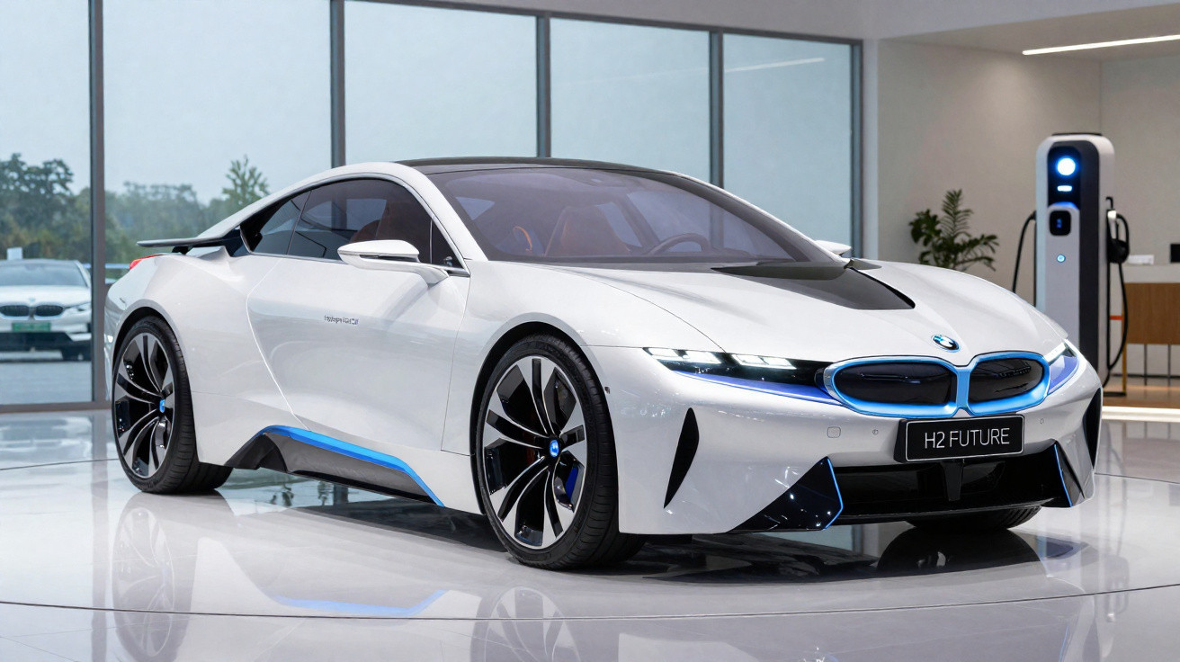 Weißer BMW i8 Wasserstoff-Sportwagen mit blauem Akzent in modernem Ausstellungsraum neben Ladestation.