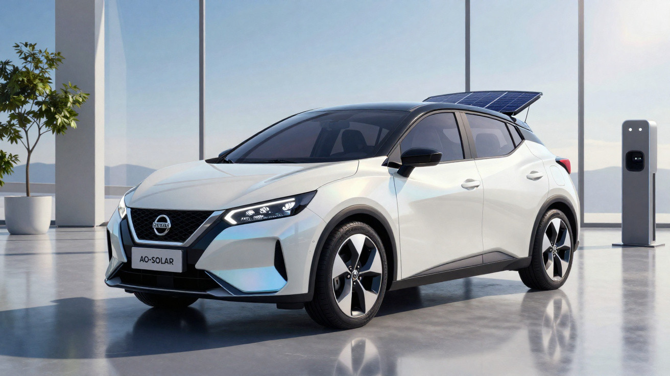 Weißer Nissan Elektro-SUV mit Solarpanel auf dem Dach, geparkt an Ladestation in modernem Gebäude.