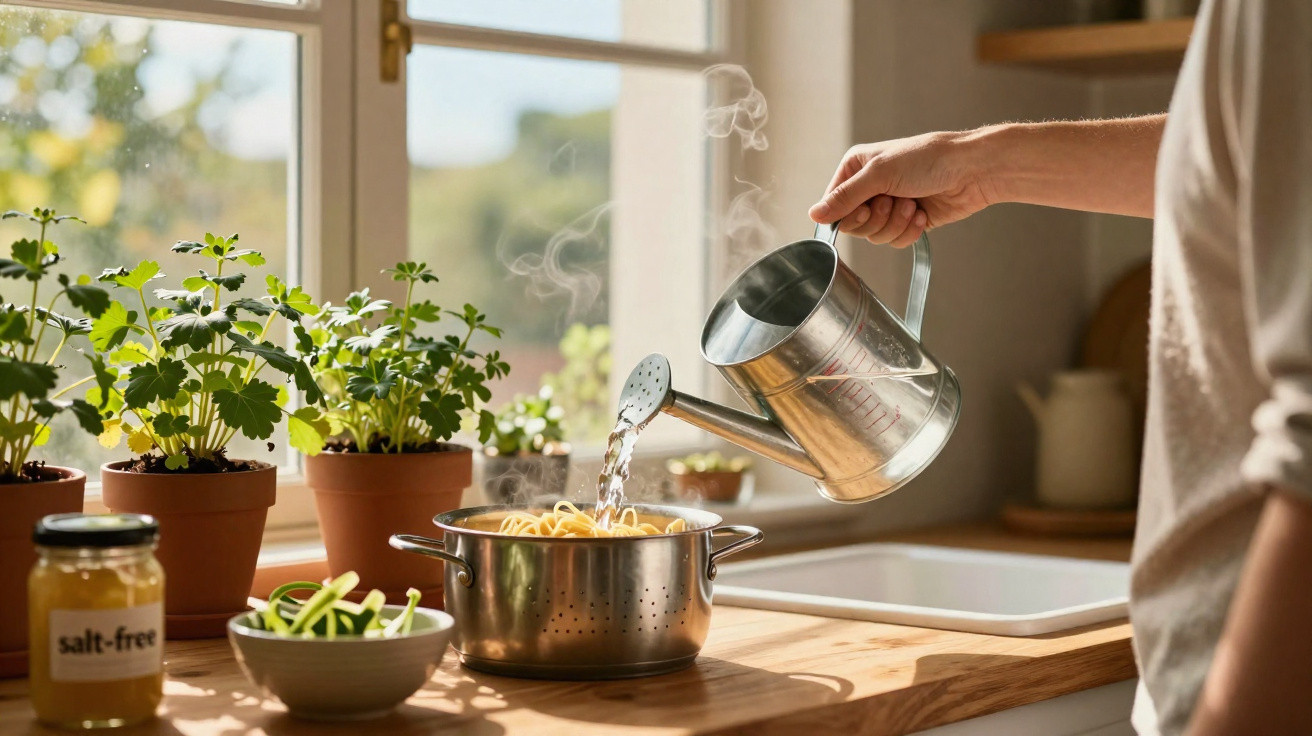 Dampfender Wasserstrahl wird mit einer Gießkanne in einen mit Pasta gefüllten Siebtopf in sonniger Küche gegossen.