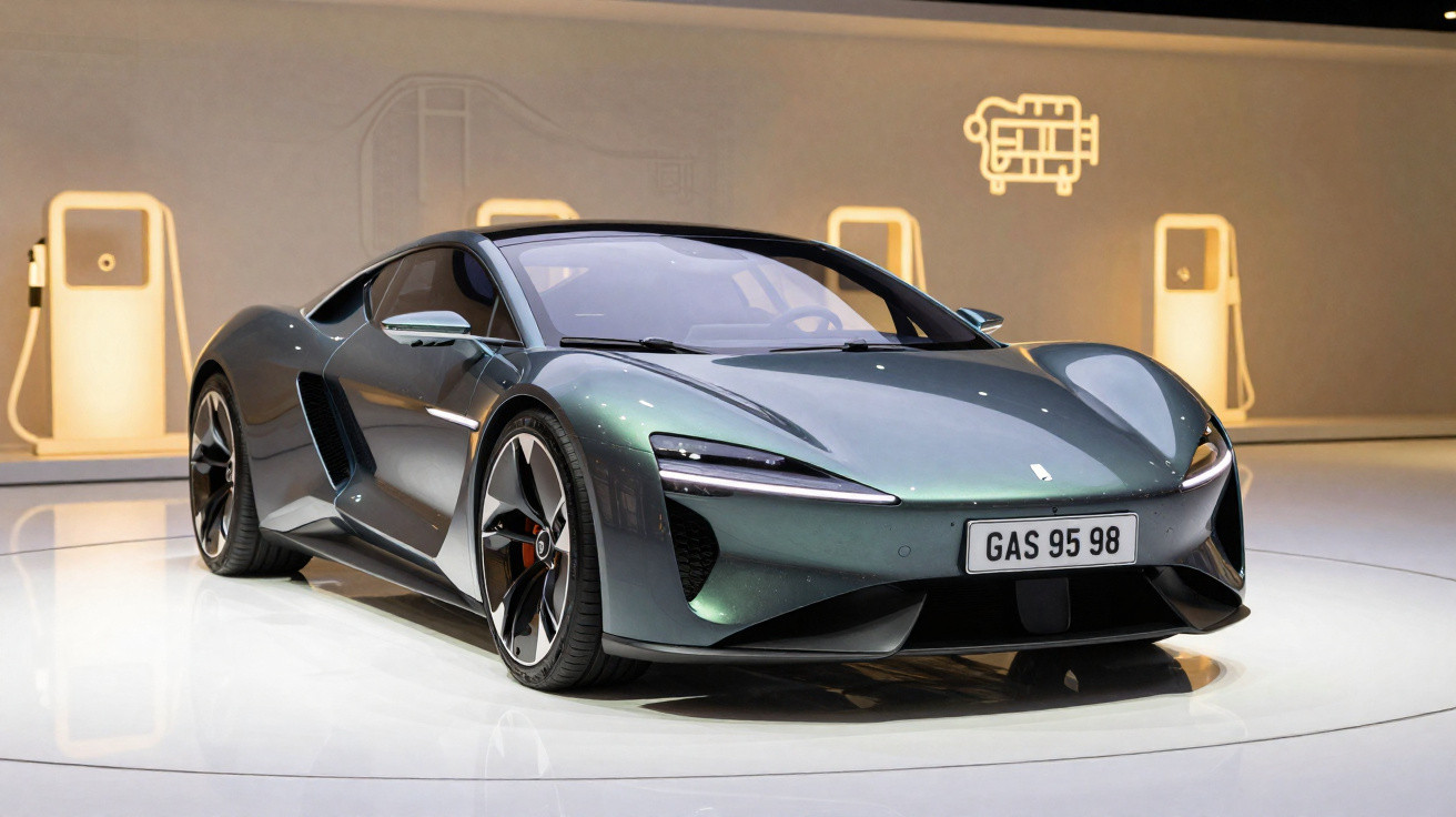 Sportlicher grüner Elektro-Supersportwagen mit futuristischem Design in einer modernen Ausstellungshalle.