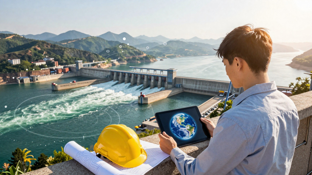 Ingenieur betrachtet Tablet mit Erdbild vor Staudamm und Wasserkraftanlage in bergiger Landschaft.