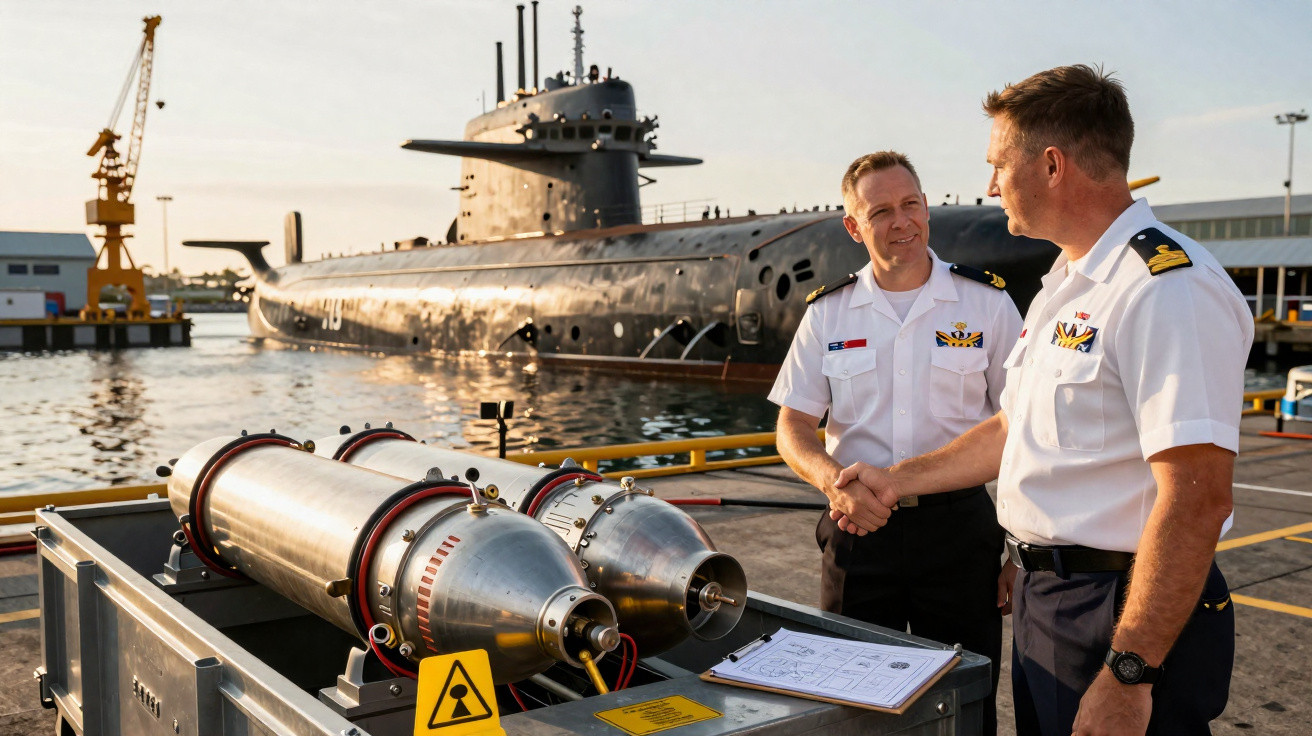 Zwei Marineoffiziere schütteln sich am Hafen vor einem U-Boot und Torpedos die Hand.