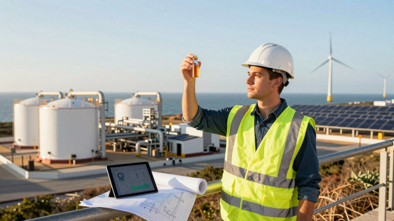 Ingenieur mit Helm und Warnweste prüft Probe vor Solarpanels und Windrädern auf einer Energieanlage am Meer.