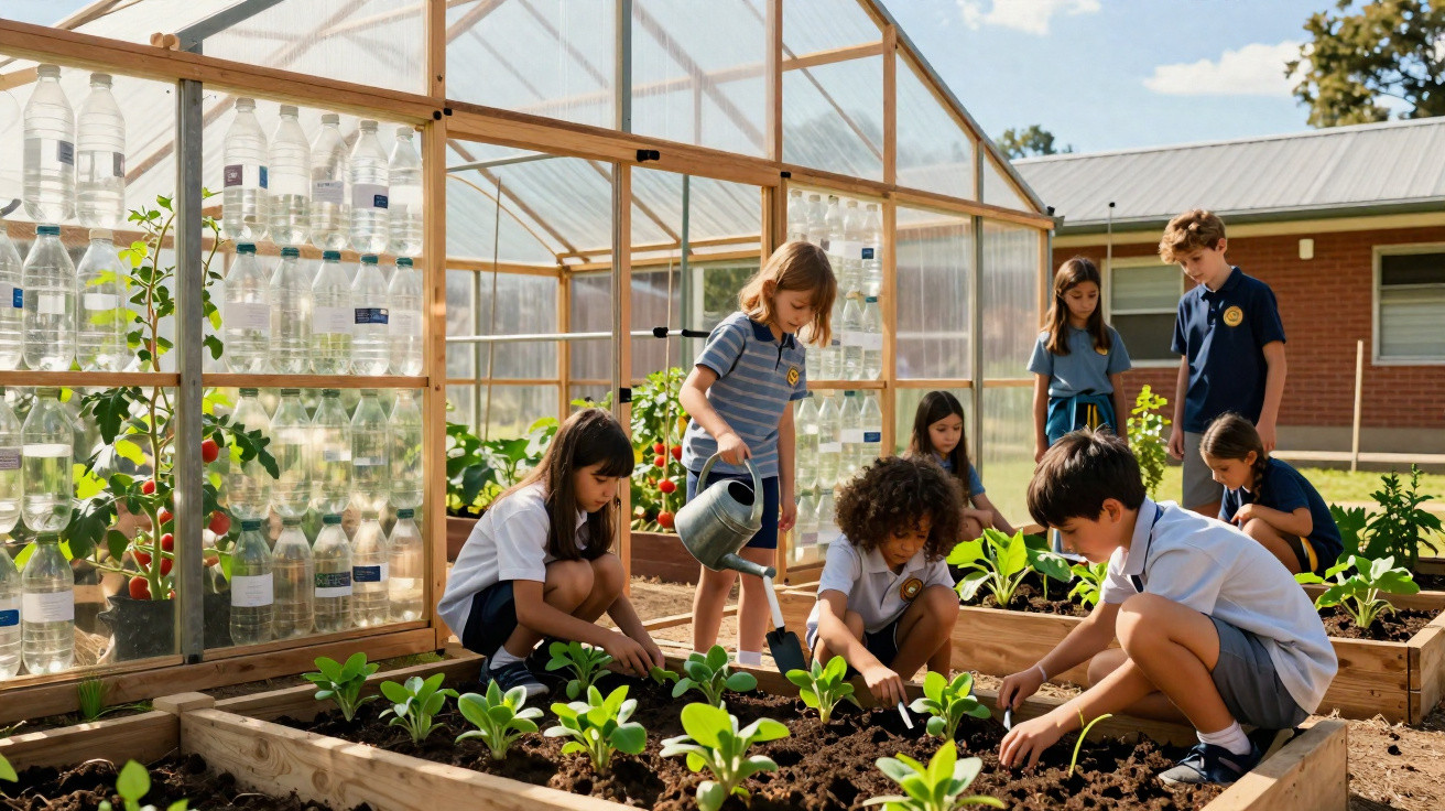 Kinder pflanzen und gießen Gemüse in einem Gewächshaus mit recycelten Plastikflaschen als Wandverkleidung.
