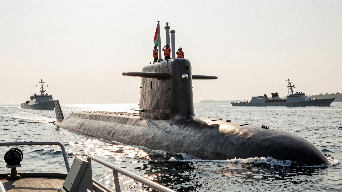 U-Boot mit indischer Flagge und Besatzung, begleitet von Kriegsschiffen auf ruhigem Meer bei Sonnenaufgang.