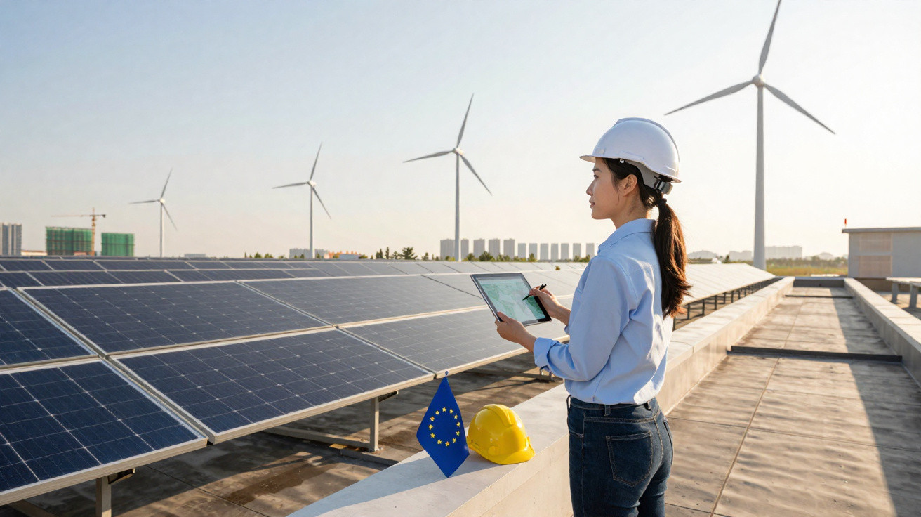Frau mit Helm prüft Solarpanels auf Dach, Windräder im Hintergrund, EU-Flagge und Bauhelm auf Geländer.