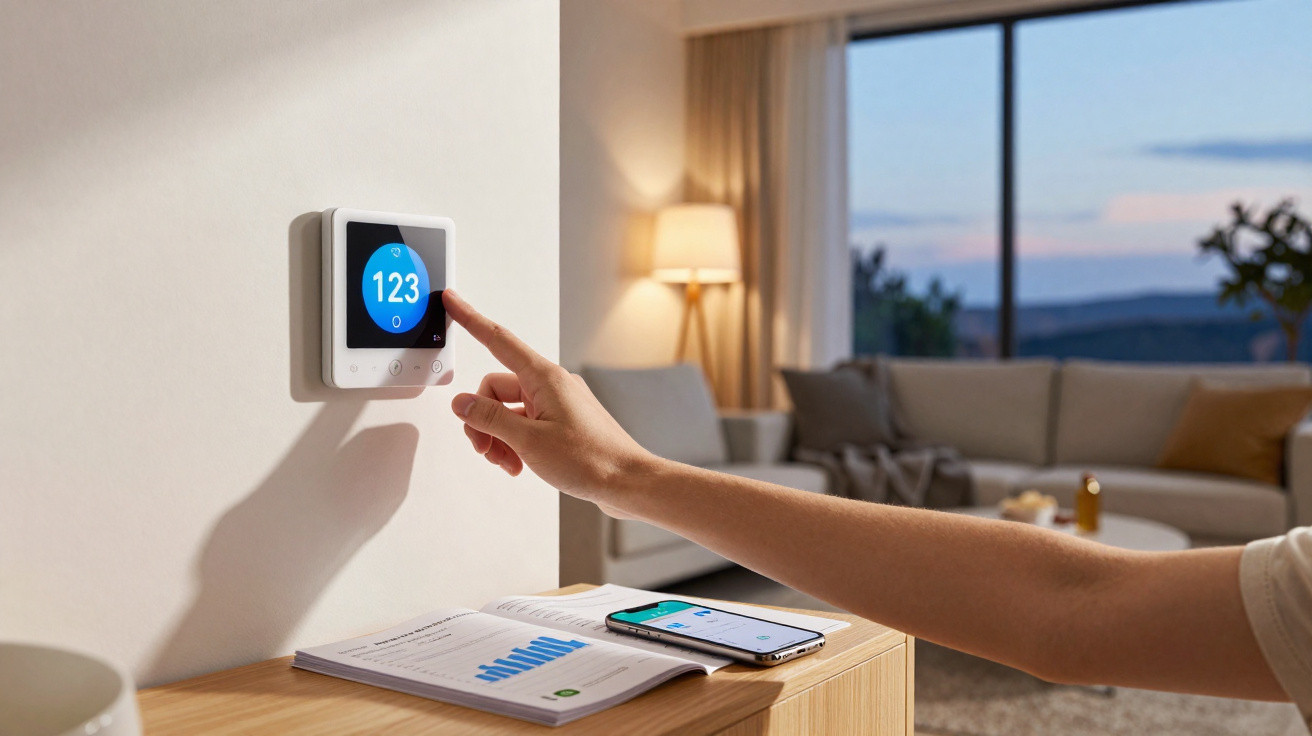 Hand bedient digitalen Thermostat in modern eingerichteten Wohnzimmer mit Sofa und Lampe im Hintergrund.