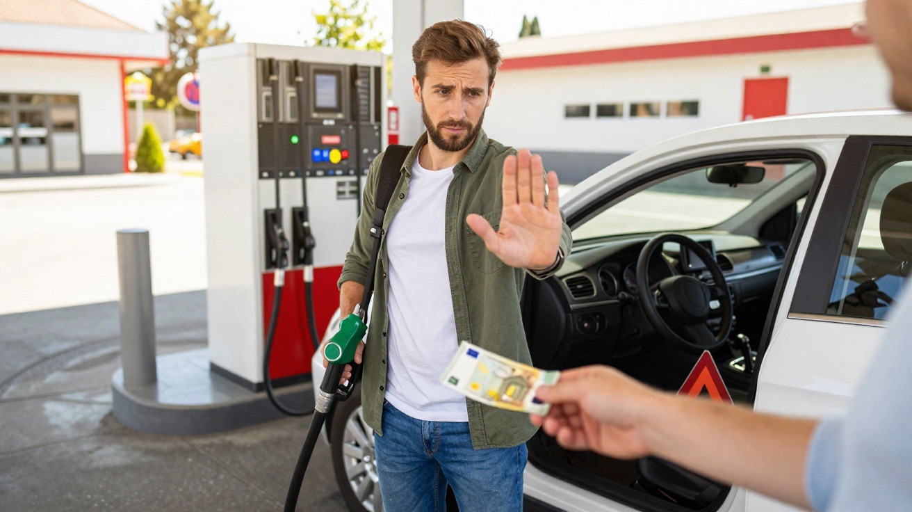 Mann an Tankstelle lehnt Zahlung mit Handzeichen ab, hält Benzinpistole und steht neben weißem Auto.