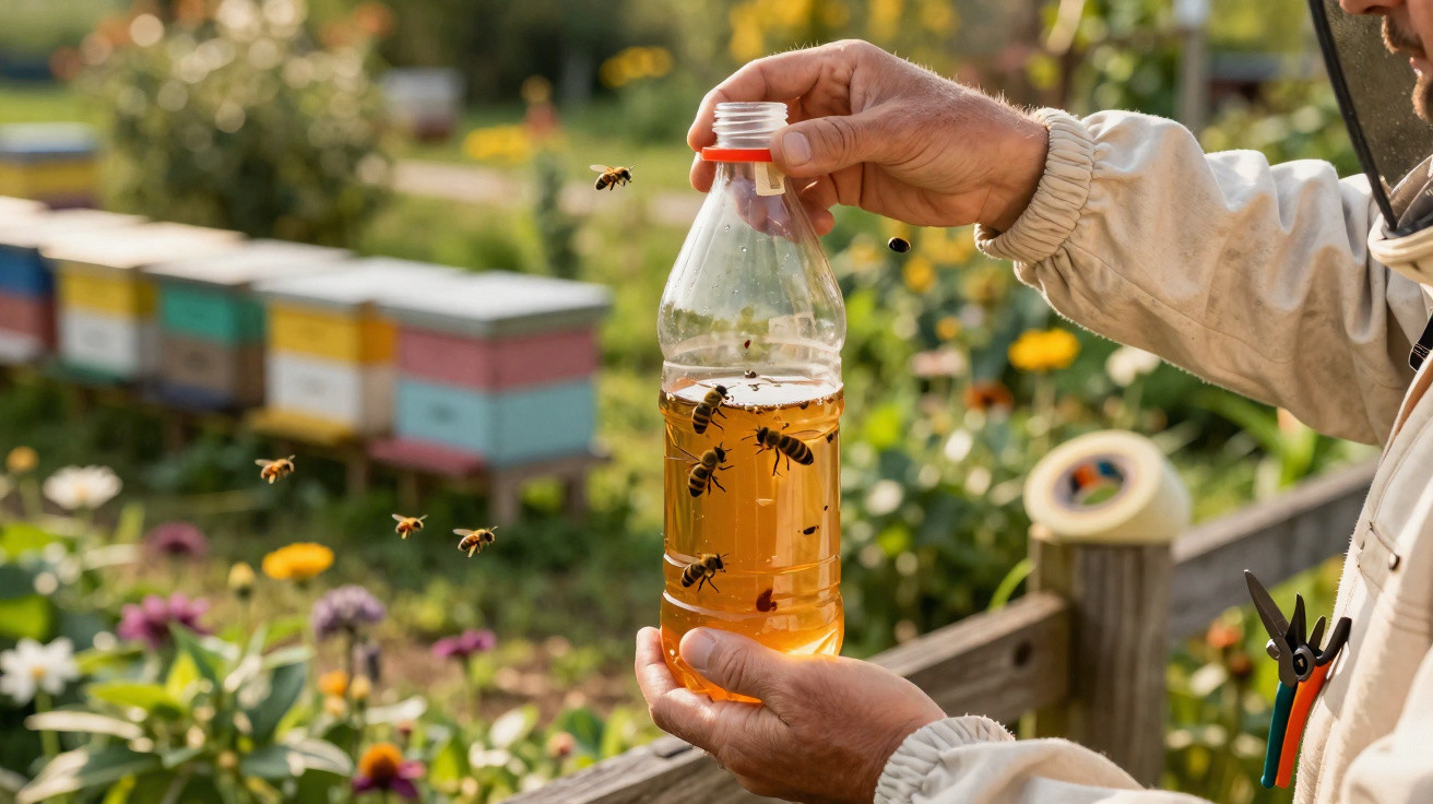 Imker hält Flasche mit Flüssigkeit, umgeben von Bienen vor bunten Bienenstöcken im Garten.