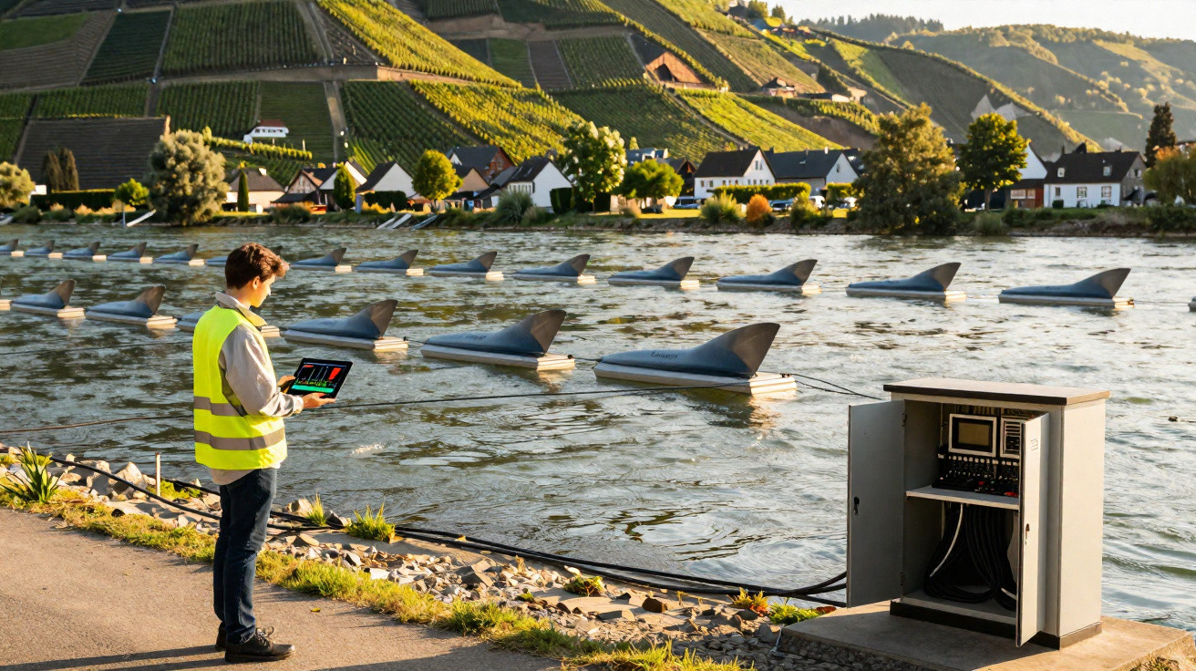 Mann in Warnweste bedient Tablet vor einem Fluss mit energiesparenden Flussdämmen und Weinbergen im Hintergrund.
