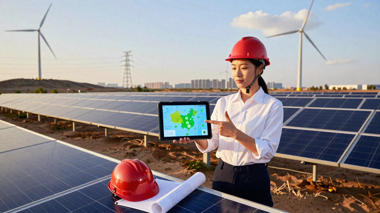 Frau mit rotem Helm zeigt auf Tablet vor Solarpanels und Windrädern bei klarem Himmel.