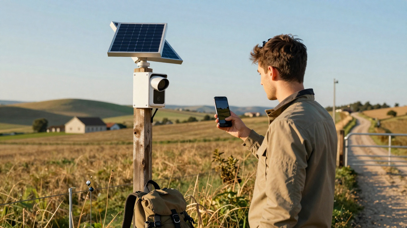 Mann nutzt Smartphone zur Steuerung einer solarbetriebenen Überwachungskamera auf ländlichem Feld bei Sonnenuntergang.