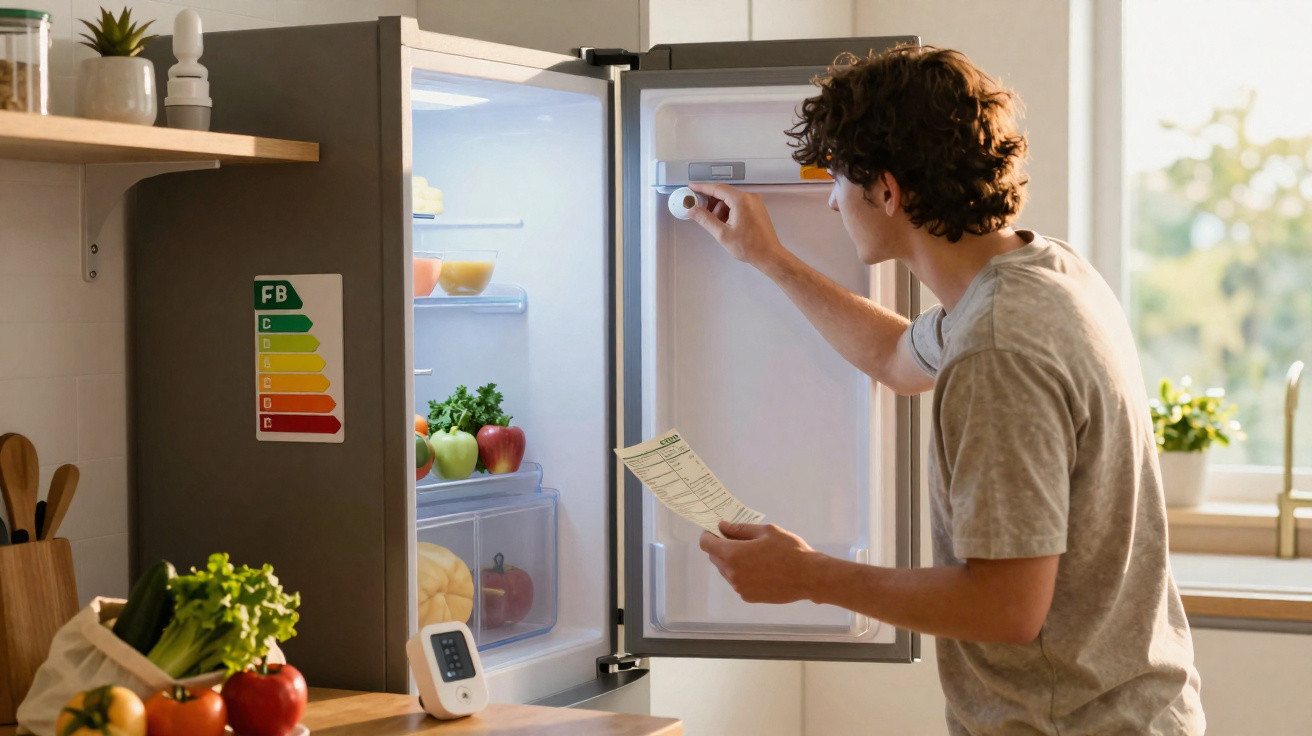 Junger Mann stellt Thermostat am offenen Kühlschrank in heller Küche ein.