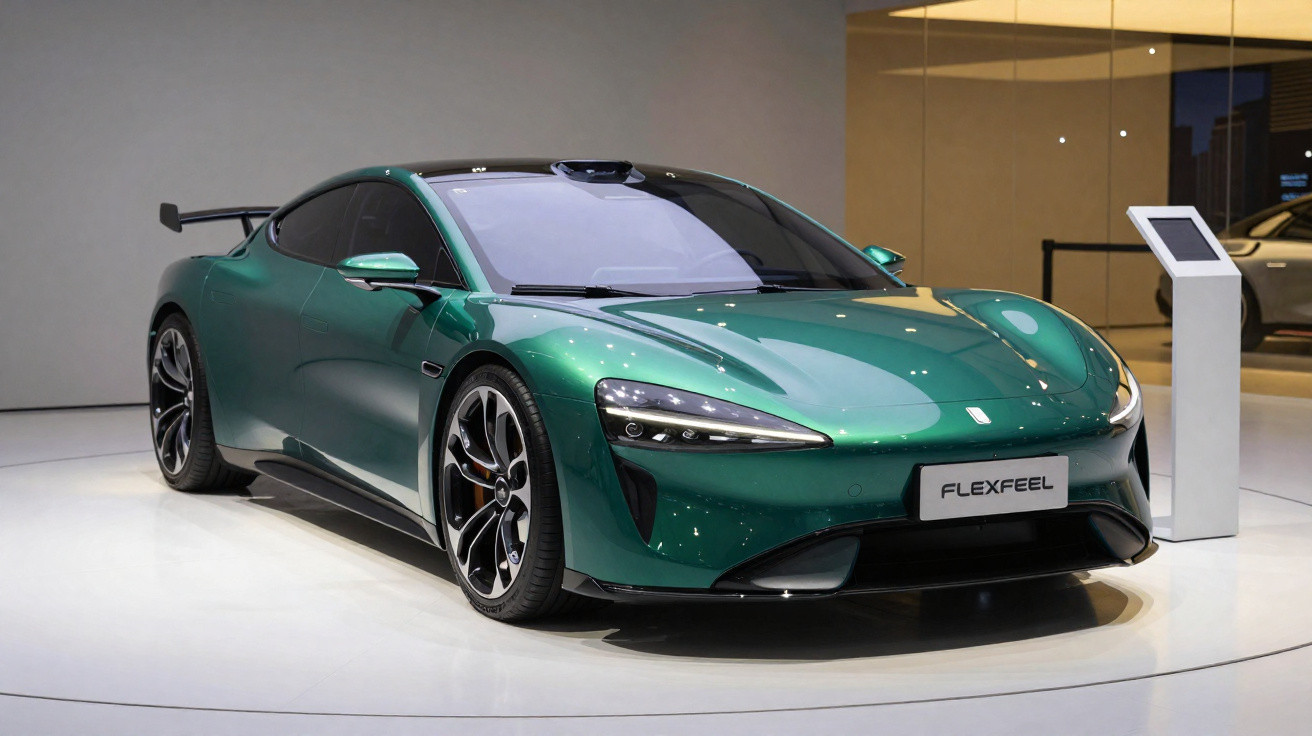 Grüner moderner Sportwagen mit aerodynamischem Design auf einer weißen Ausstellungsfläche.