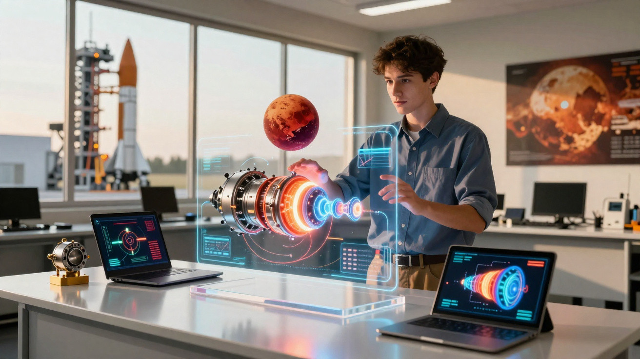 Junger Ingenieur arbeitet mit holographischer Raketentechnologie in modernem Labor mit Raumfahrtmodell.