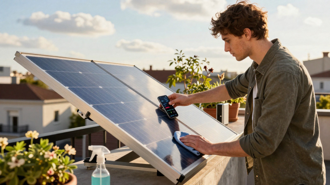 Junger Mann reinigt Solarzelle auf Balkon und bedient Smartphone zur Kontrolle der Anlage.