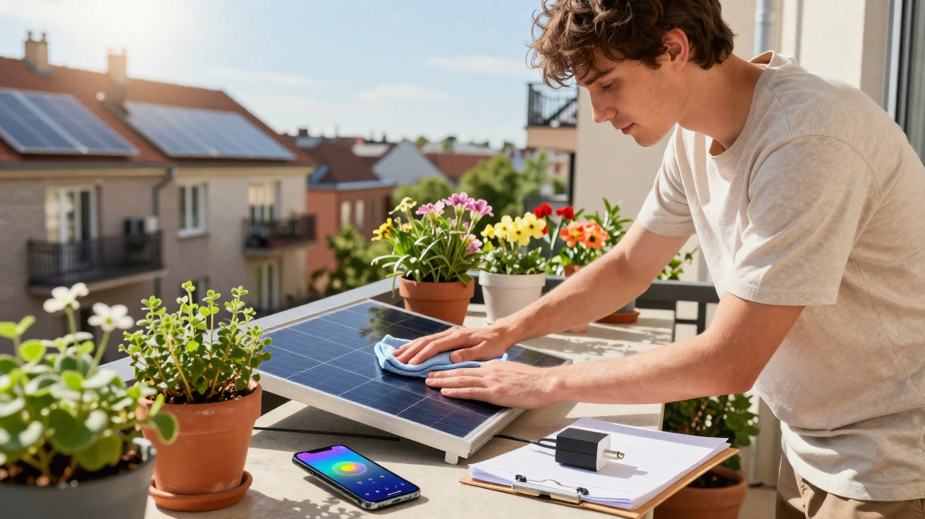 Junger Mann reinigt auf Balkon ein Solarmodul, umgeben von Blumentöpfen und kleinem Gerät mit Smartphone.