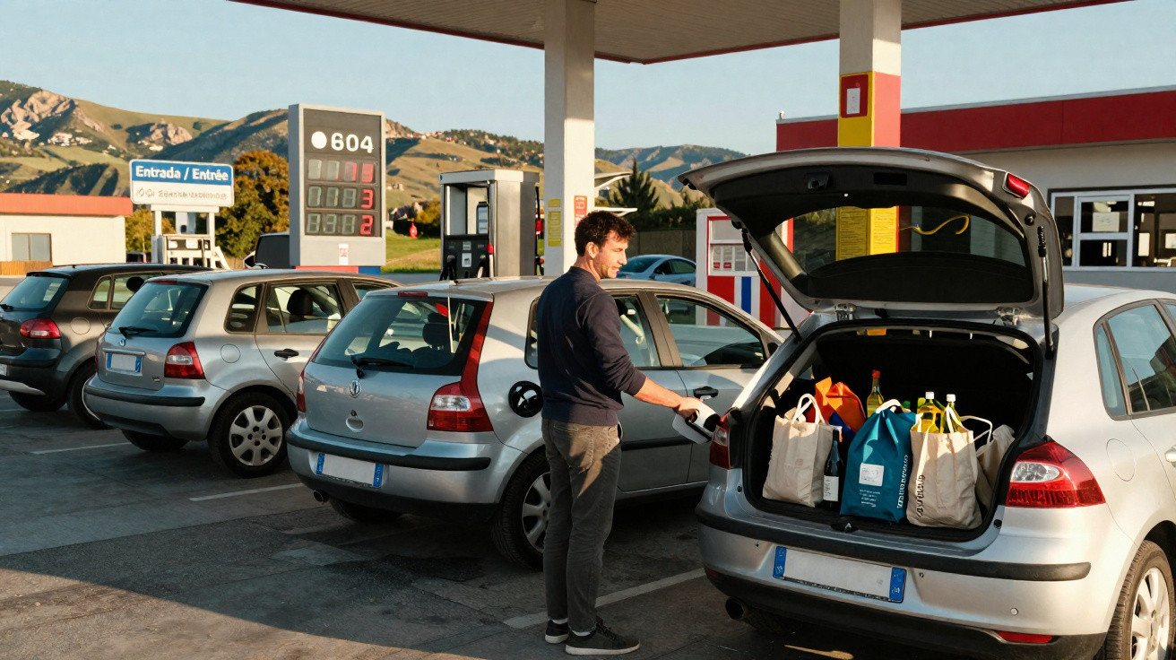 Mann füllt Auto an Tankstelle auf, Kofferraum mit Einkaufstaschen geöffnet, Berge im Hintergrund.
