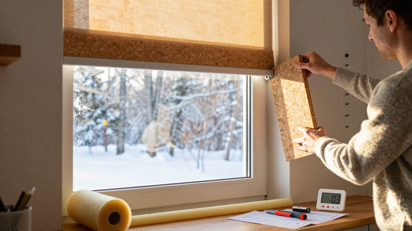 Mann montiert Rollo vor Fenster mit Schnee draußen, Arbeitsfläche mit Werkzeug und Stoppuhr darunter.