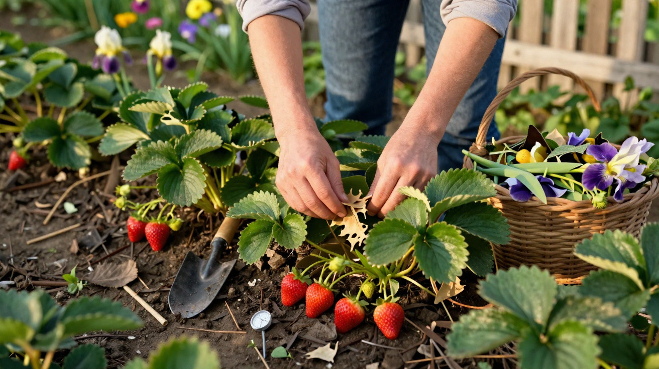 Person pflückt reife Erdbeeren im Garten, neben einem Korb mit bunten Frühlingsblumen.