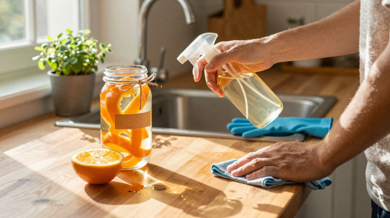 Person wischt mit Tuch und Sprühflasche eine Holzarbeitsplatte in heller Küche neben Glas mit Orangenschalen ab.