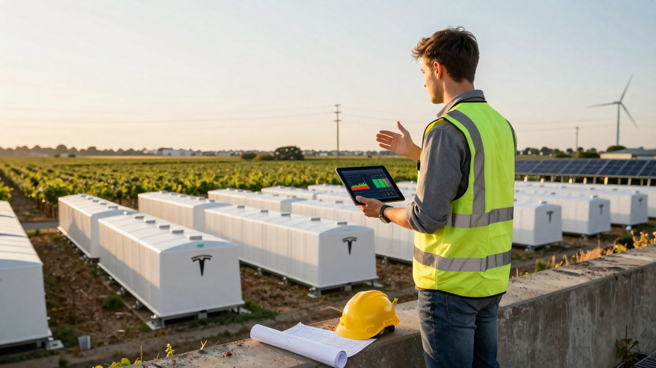 Ingenieur mit Warnweste und Tablet überwacht Tesla Energiespeicher auf offenem Feld bei Sonnenuntergang.