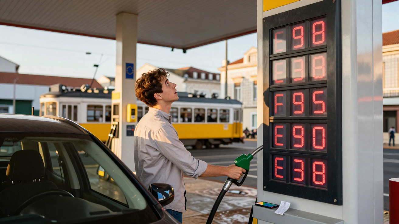 Mann betankt Auto an Tankstelle, im Hintergrund fährt gelbe Straßenbahn auf sonnigem Stadthintergrund.