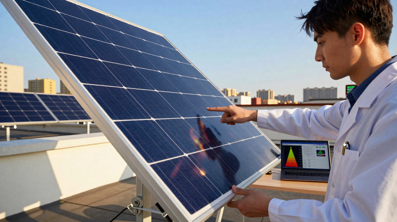 Techniker im weißen Kittel untersucht Solarpanel auf Dach mit Laptop und Stadt im Hintergrund bei Sonnenlicht.