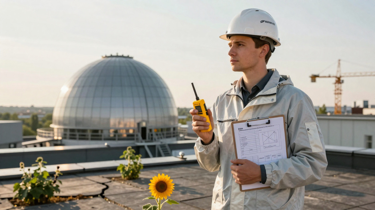 Ingenieur mit Schutzhelm und Walkie-Talkie auf Dach vor Kugelstruktur bei Sonnenuntergang