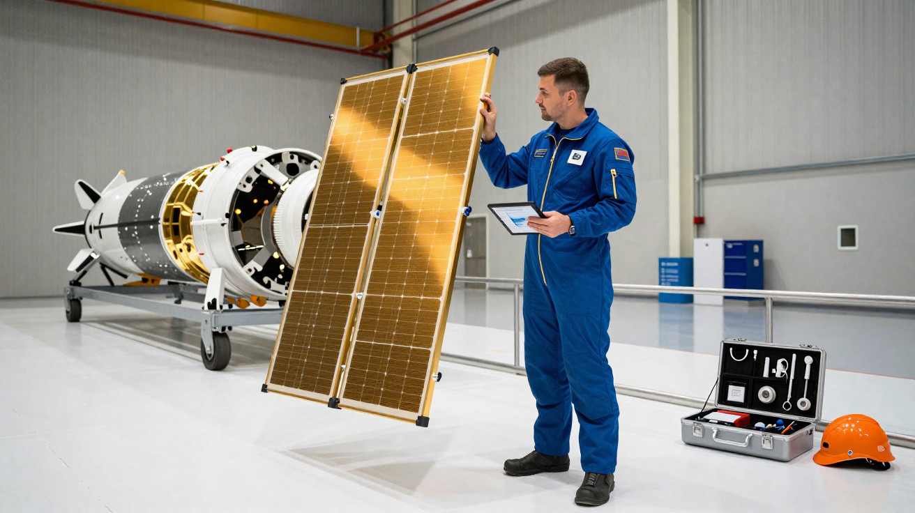 Ingenieur in blauem Overall untersucht Solarpanel in Raumfahrthalle neben Raketenmodell und Werkzeugkoffer.