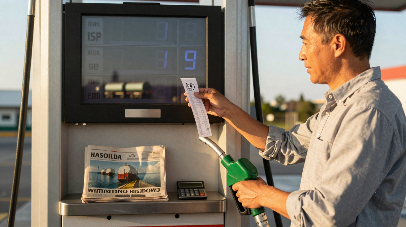 Mann betankt Auto und überprüft Beleg an Tankstelle bei Tageslicht mit Zeitung und Taschenrechner daneben.