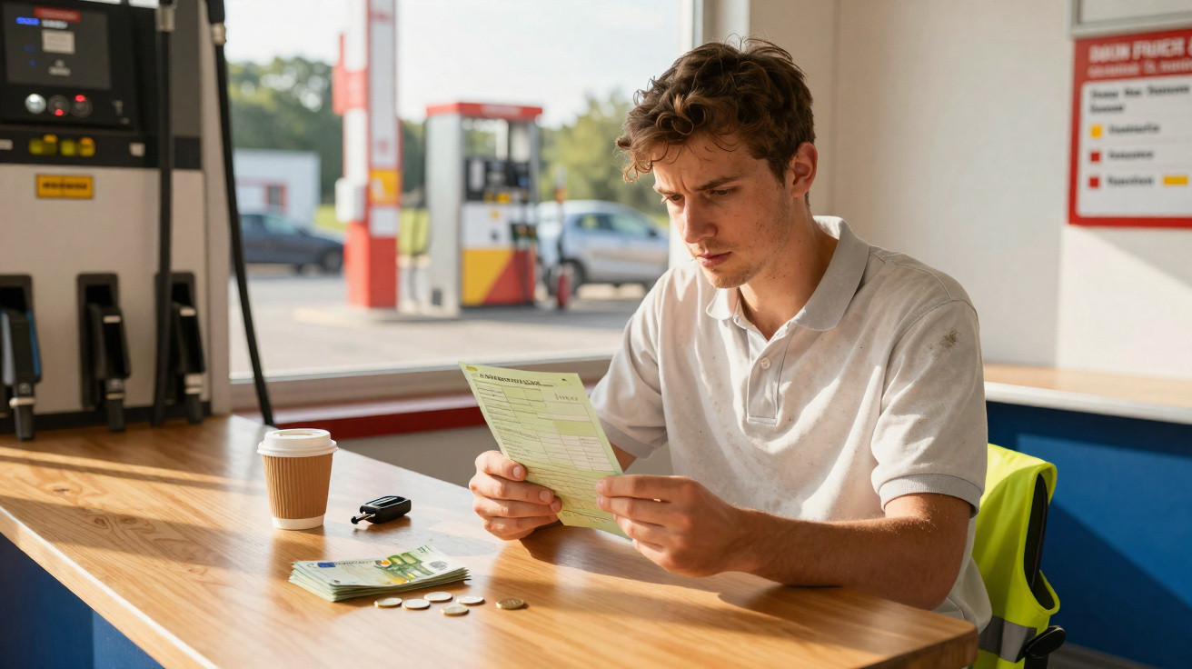 Junger Mann liest Rechnung an Tankstelle, Geldscheine und Münzen liegen auf dem Tisch.